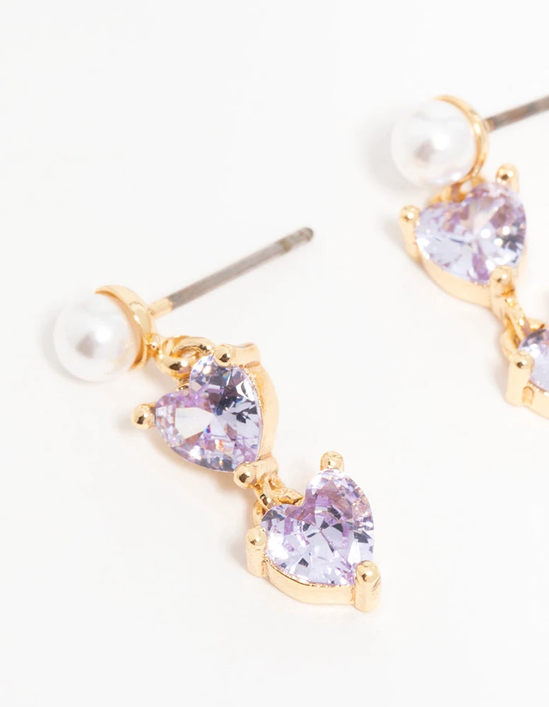 Gold Plated Purple Cubic Zirconia Pearl Dainty Heart Drop Earrings