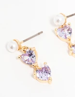 Gold Plated Purple Cubic Zirconia Pearl Dainty Heart Drop Earrings