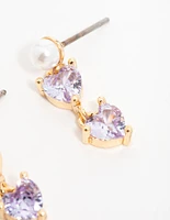 Gold Plated Purple Cubic Zirconia Pearl Dainty Heart Drop Earrings