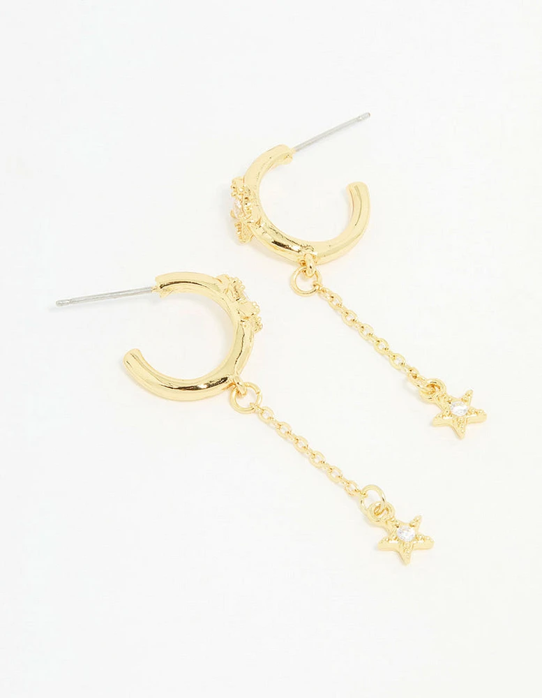 Gold Plated Cubic Zirconia Star Chain Drop Earrings