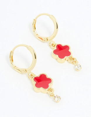 Gold Plated Red Cubic Zirconia Floral Droplet Earrings