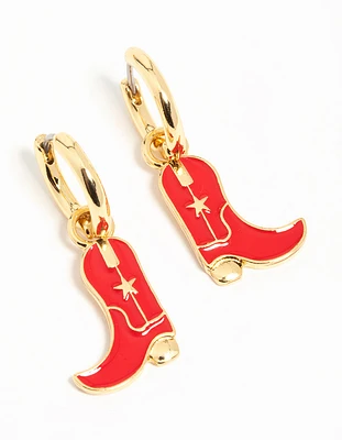 Gold Plated Red Enamel Cowboy Boot Drop Earrings