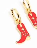 Gold Plated Red Enamel Cowboy Boot Drop Earrings