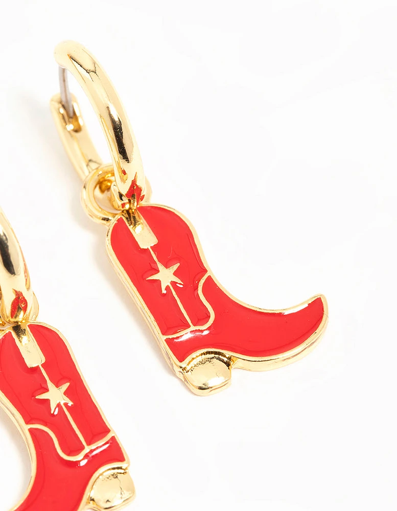 Gold Plated Red Enamel Cowboy Boot Drop Earrings