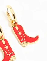 Gold Plated Red Enamel Cowboy Boot Drop Earrings