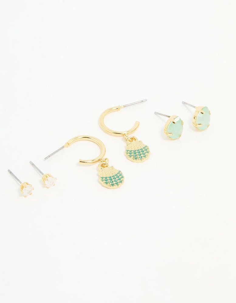 Gold Plated Cubic Zirconia Mermaid Earrings 3-Pack