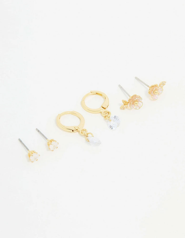 Gold Plated Cubic Zirconia Floral Drop Earrings 3-Pack