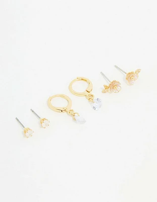 Gold Plated Cubic Zirconia Floral Drop Earrings 3-Pack