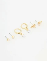 Gold Plated Cubic Zirconia Floral Drop Earrings 3-Pack