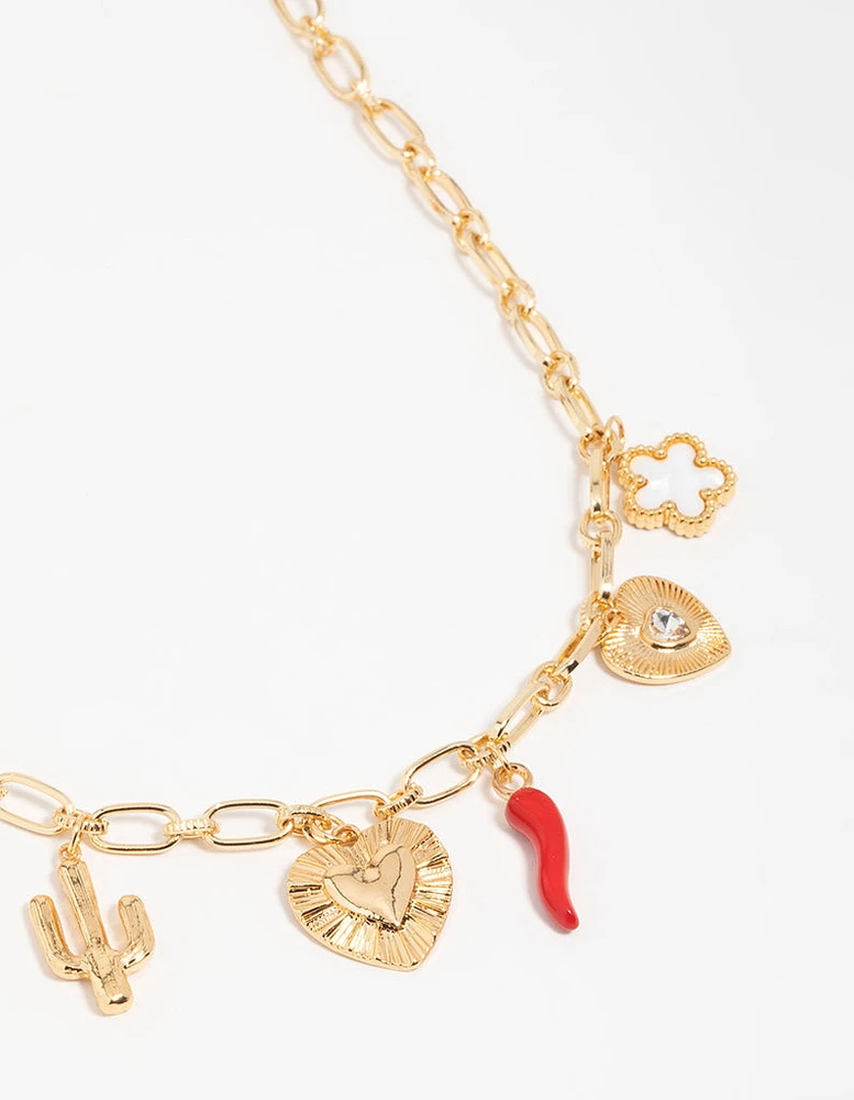 Gold Plated Chilli & Cactus Charm Pendant Necklace