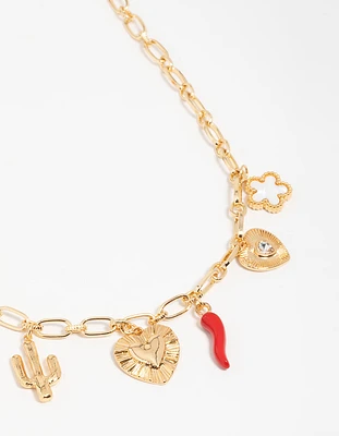 Gold Plated Chilli & Cactus Charm Pendant Necklace