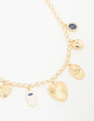 Gold Plated Evil Eye & Heart Charm Necklace