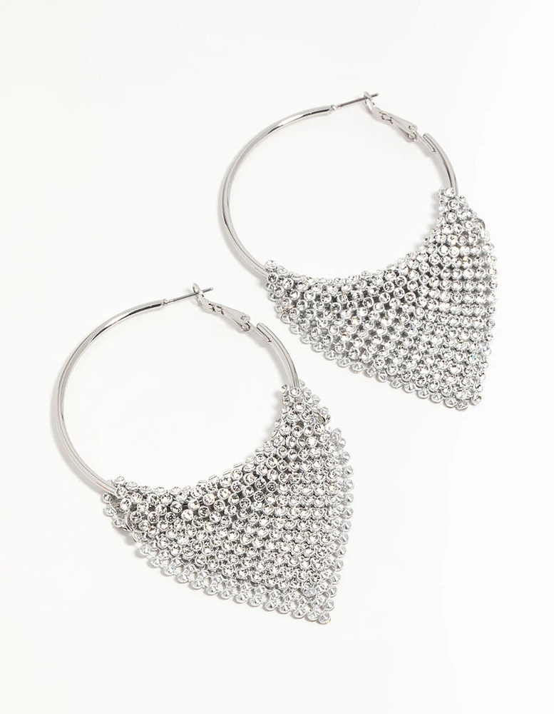 Silver Diamante Drop Hoop Earrings