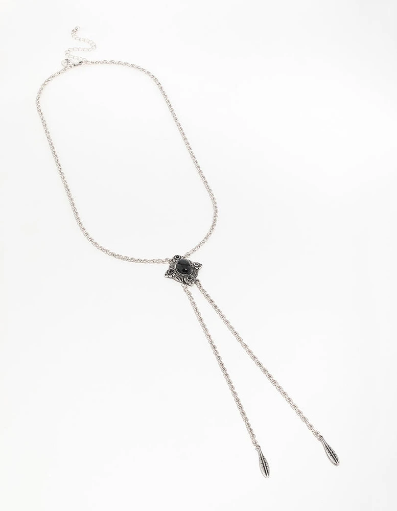 Silver Textured Black Stone Rhombus Y-Necklace