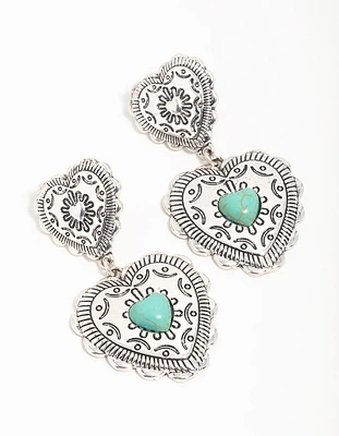 Antique Silver Turquoise Double Heart Drop Earrings