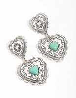 Antique Silver Turquoise Double Heart Drop Earrings