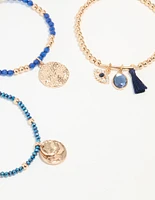 Gold Blue Beaded Stretch Bracelets 5-Pack