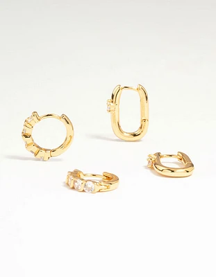 Gold Plated Brass Cubic Zirconia & Oval Huggie Earrings 2-Pack