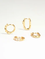 Gold Plated Brass Cubic Zirconia & Oval Huggie Earrings 2-Pack