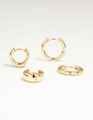 Gold Plated Brass Small & Medium Huggie Earrings 2-Pack