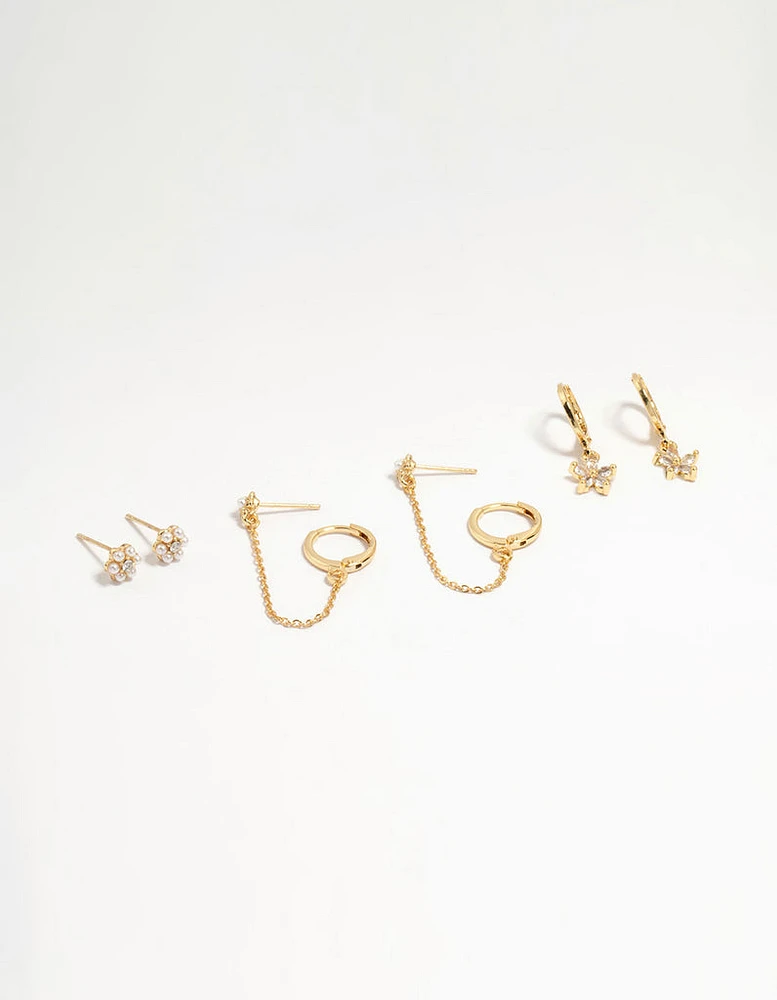 Gold Plated Brass Flower Chain Earrings 4-Pack