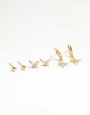 Gold Plated Brass Cubic Zirconia Butterfly & Flower Earrings 4-Pack