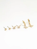 Gold Plated Brass Cubic Zirconia Butterfly & Flower Earrings 4-Pack