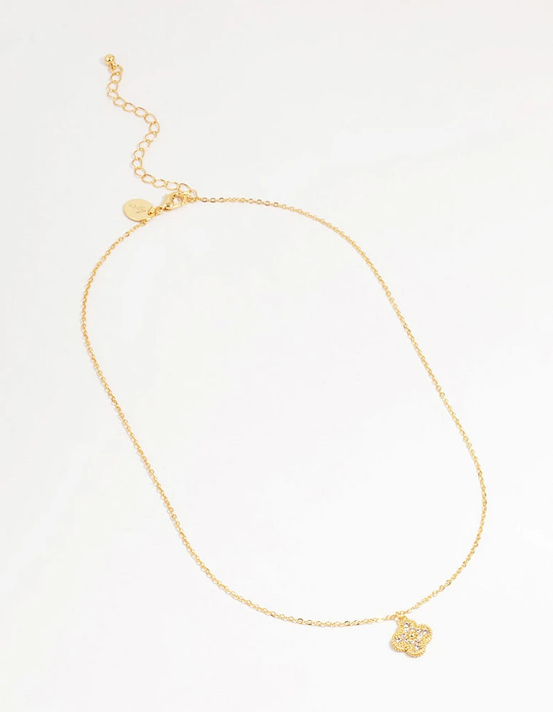 Gold Plated Brass Cubic Zirconia Flower Pendant Necklace