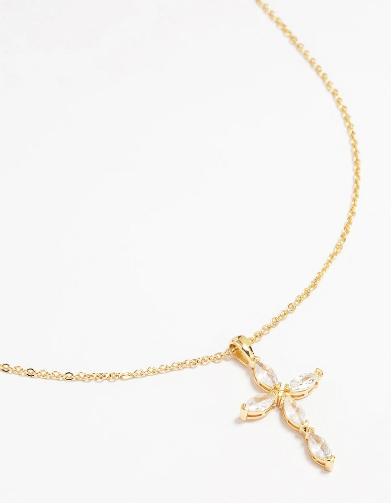 Gold Plated Brass Cubic Zirconia Marquise Cross Pendant Necklace