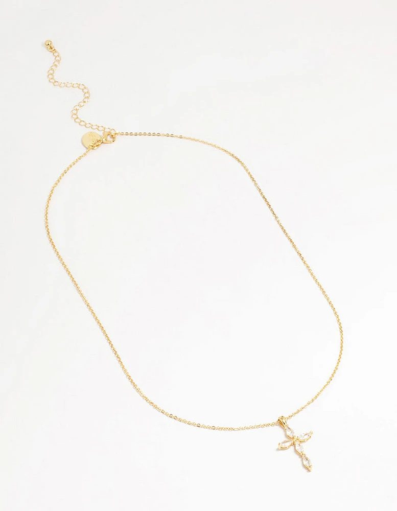 Gold Plated Brass Cubic Zirconia Marquise Cross Pendant Necklace
