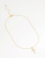 Gold Plated Brass Cubic Zirconia Marquise Cross Pendant Necklace