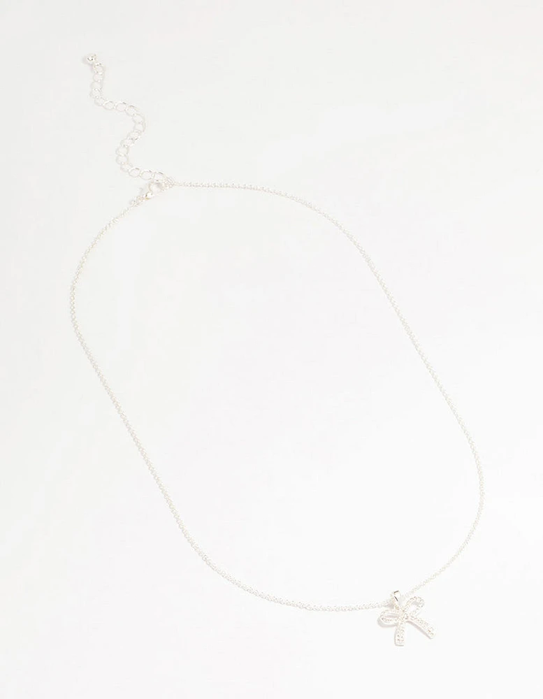 Silver Plated Brass Cubic Zirconia Pavé Bow Pendant Necklace