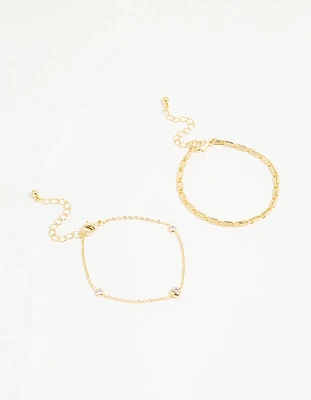 Gold Plated Cubic Zirconia & Chain Bracelets 2-Pack