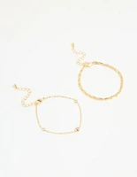 Gold Plated Cubic Zirconia & Chain Bracelets 2-Pack