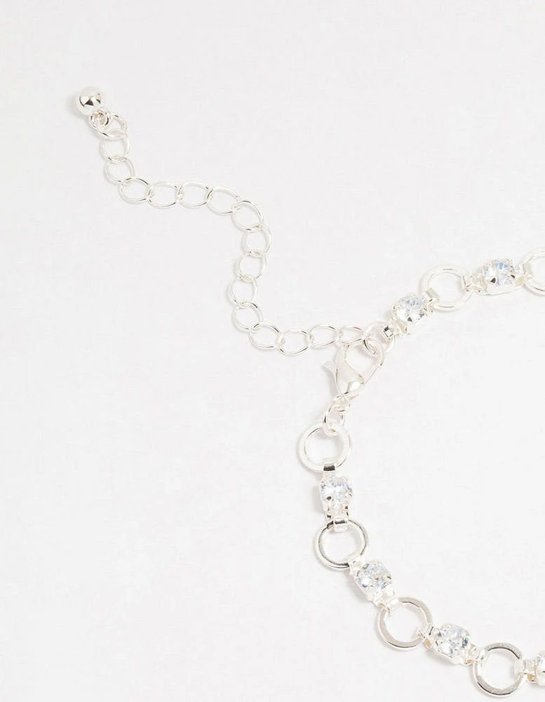 Silver Plated Brass Cubic Zirconia Alternating Link Bracelet