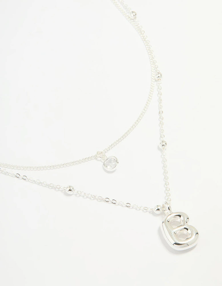 Silver Plated Cubic Zirconia & Bubble Letter B Layered Necklace
