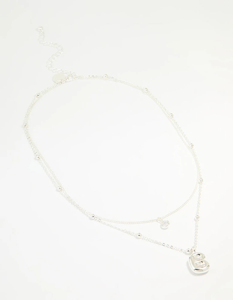 Silver Plated Cubic Zirconia & Bubble Letter B Layered Necklace