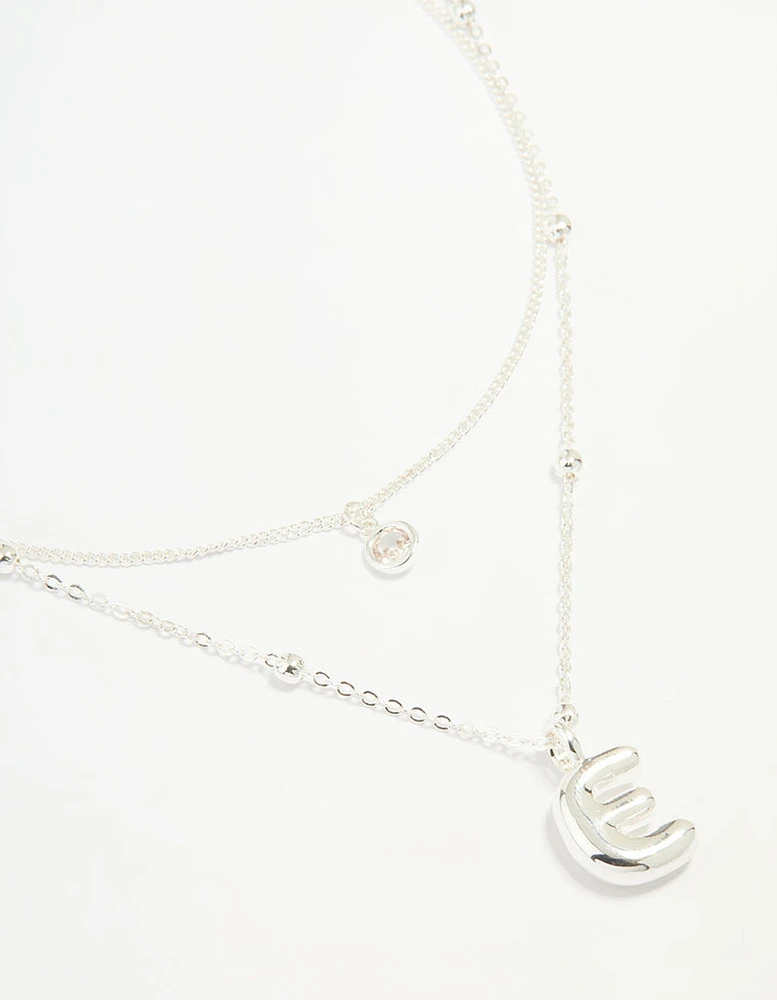 Silver Plated Cubic Zirconia & Bubble Letter E Layered Necklace
