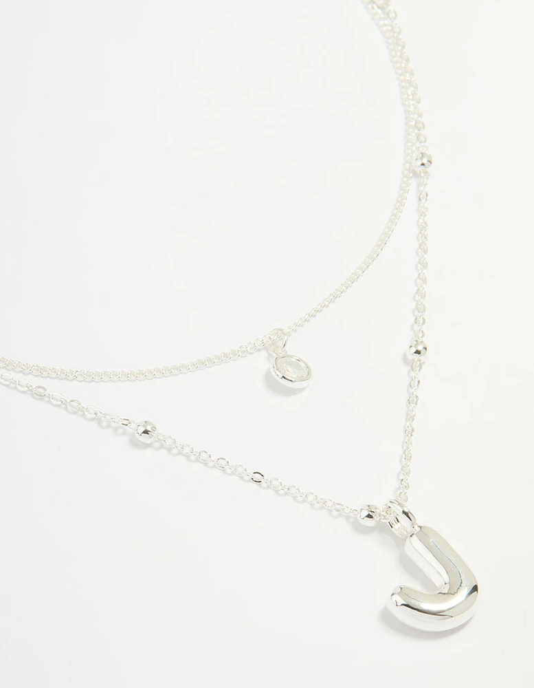 Silver Plated Cubic Zirconia & Bubble Letter J Layered Necklace