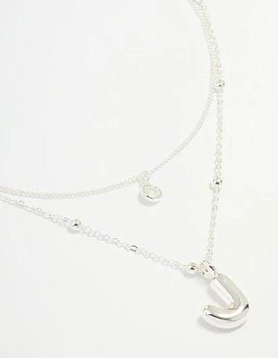 Silver Plated Cubic Zirconia & Bubble Letter J Layered Necklace