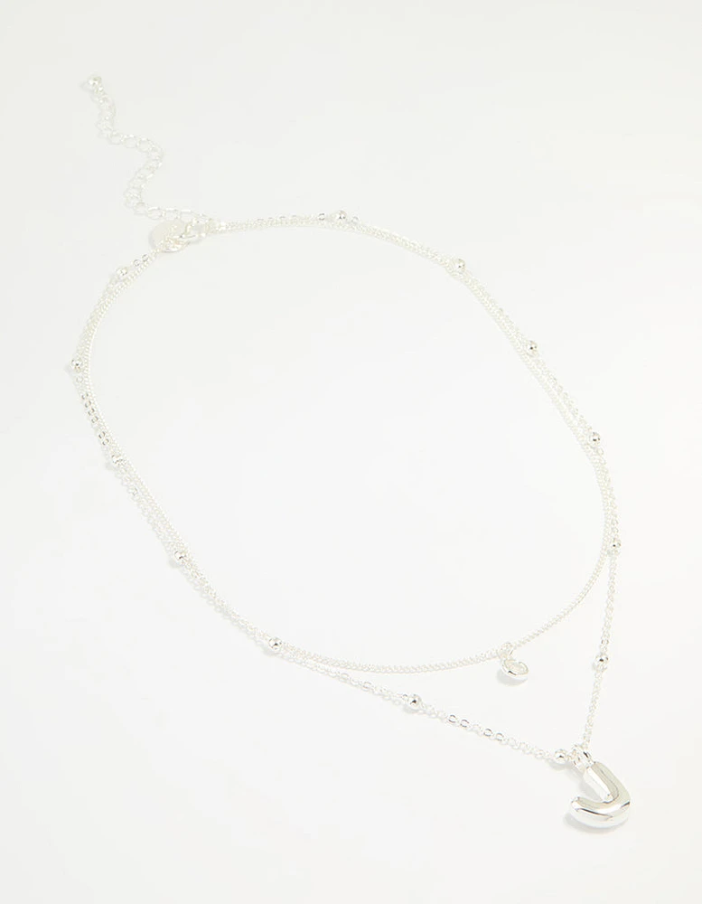Silver Plated Cubic Zirconia & Bubble Letter J Layered Necklace