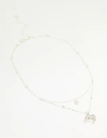 Silver Plated Cubic Zirconia & Bubble Letter M Layered Necklace