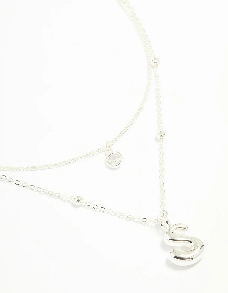 Silver Plated Cubic Zirconia & Bubble Letter L Layered Necklace