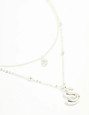 Silver Plated Cubic Zirconia & Bubble Letter L Layered Necklace