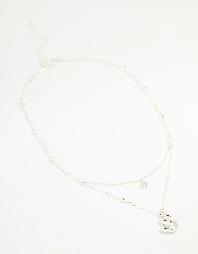 Silver Plated Cubic Zirconia & Bubble Letter L Layered Necklace