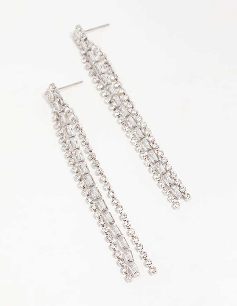 Silver Diamante Baguette Cupchain Drop Earrings