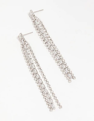Silver Diamante Baguette Cupchain Drop Earrings