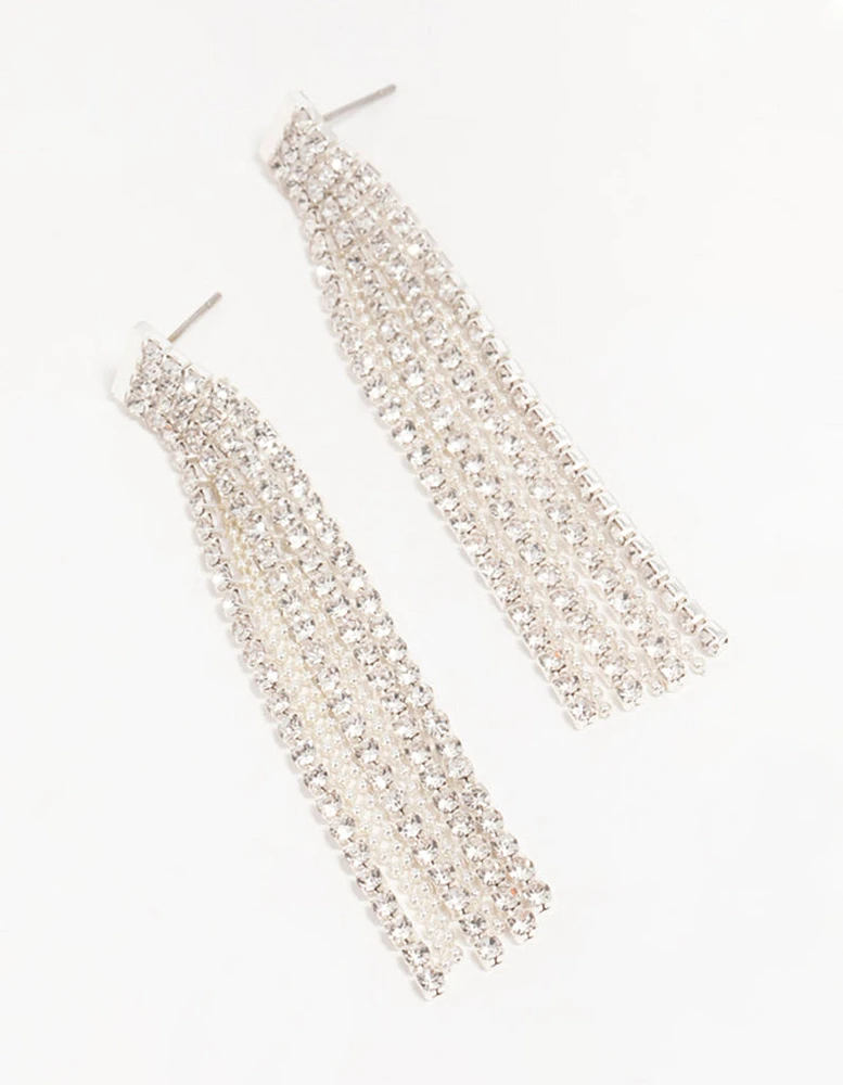 Silver Diamante Chain Tassel Drop Earrings