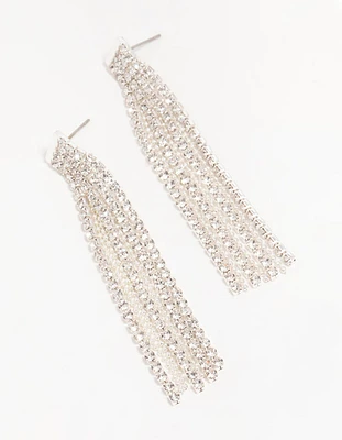 Silver Diamante Chain Tassel Drop Earrings