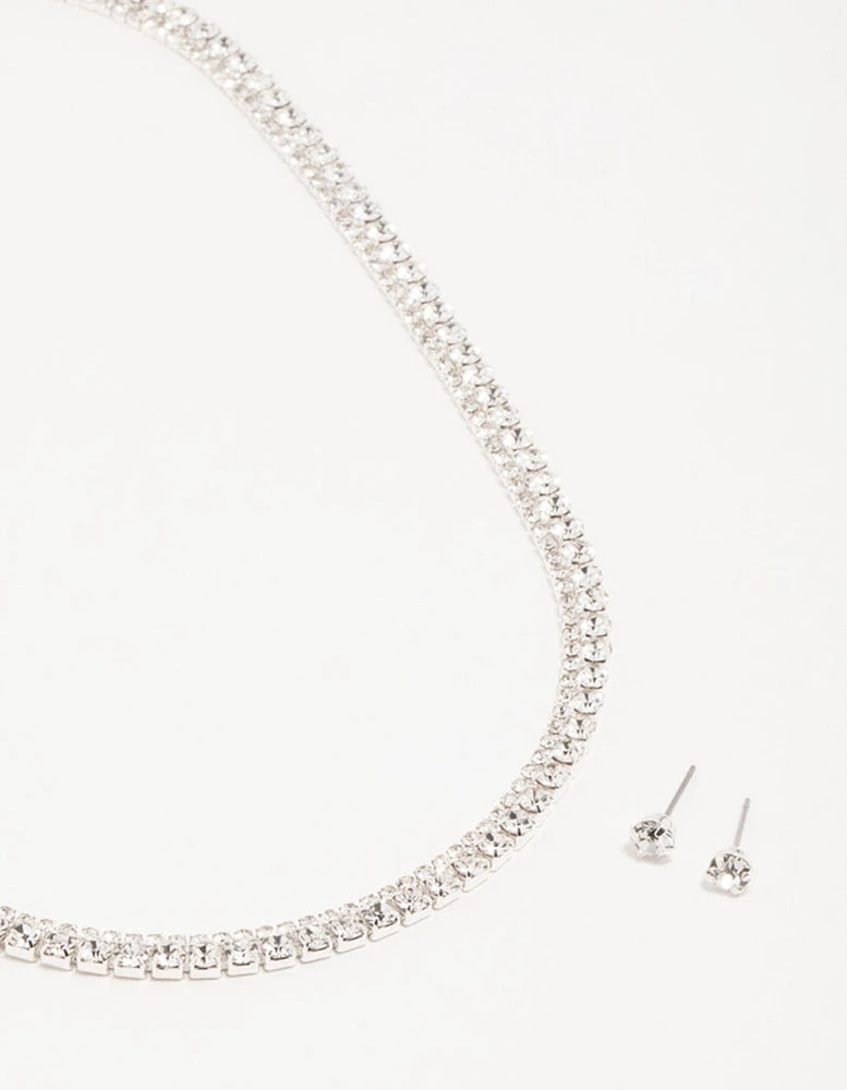 Silver Diamante Tennis Necklace & Earrings Set